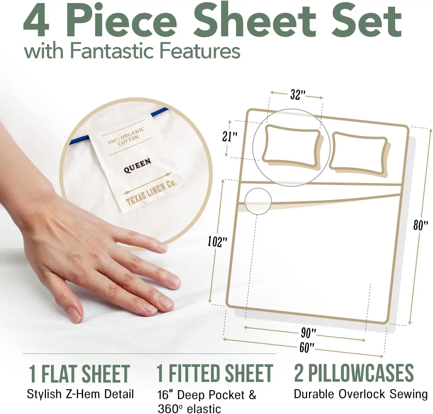 Organic Cotton Percale Sheet Set 4 Piece Soft Breathable Bedding