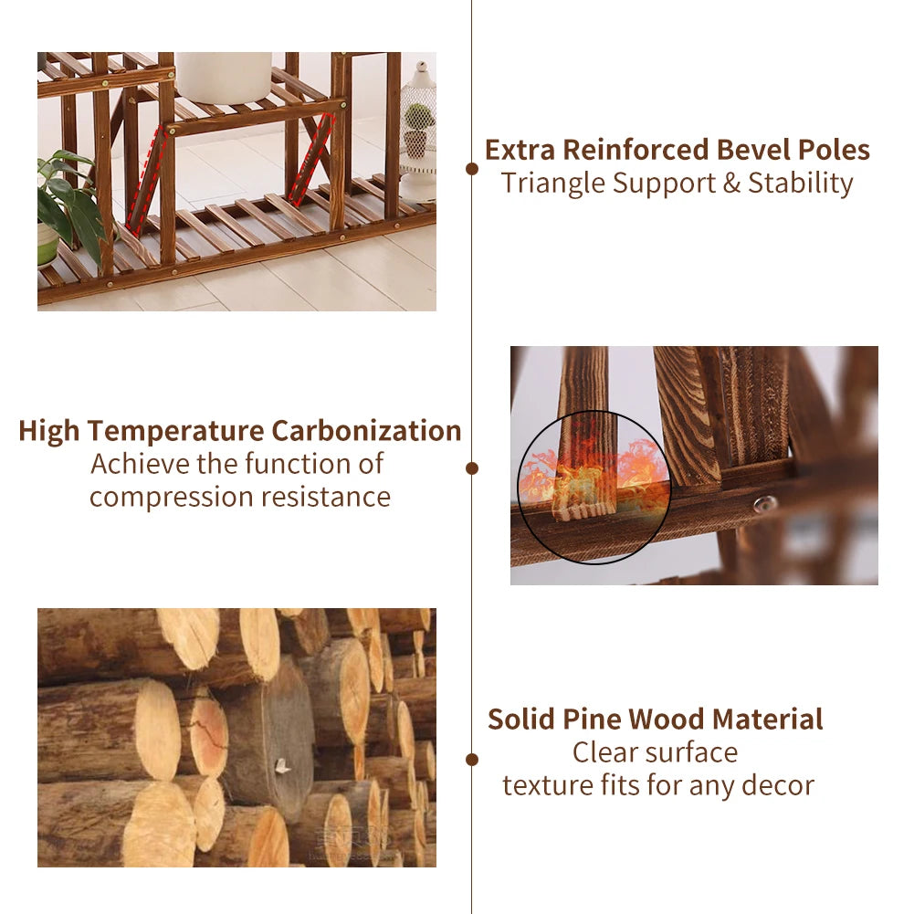 11-Tier Carbonized Wood Plant Stand For Indoor Outdoor Use