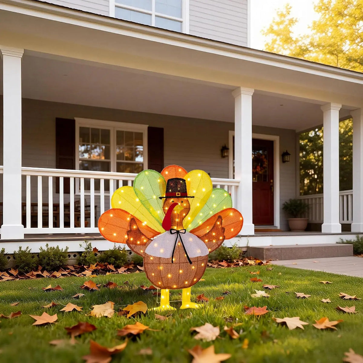 SHXI Lighted Thanksgiving Turkey Decoration With Pilgrim Hat Bow Tie