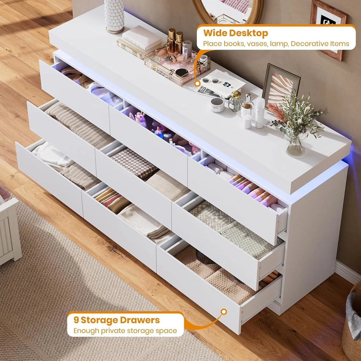 Acekool 9 Drawer Wooden Dresser With Led Lights And Charging Station