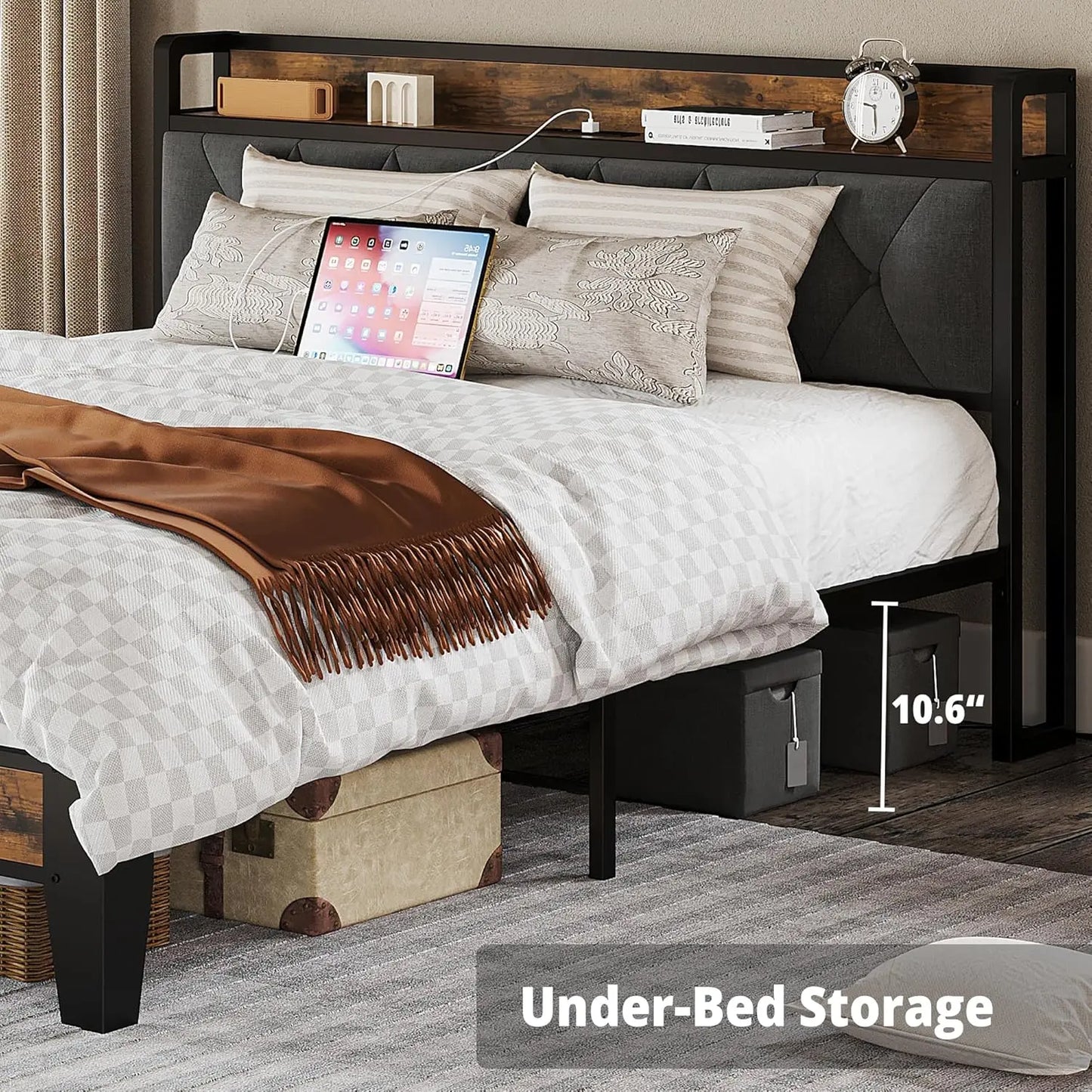 Anctor Storage Headboard Bed Frame With Outlets Quiet Performance