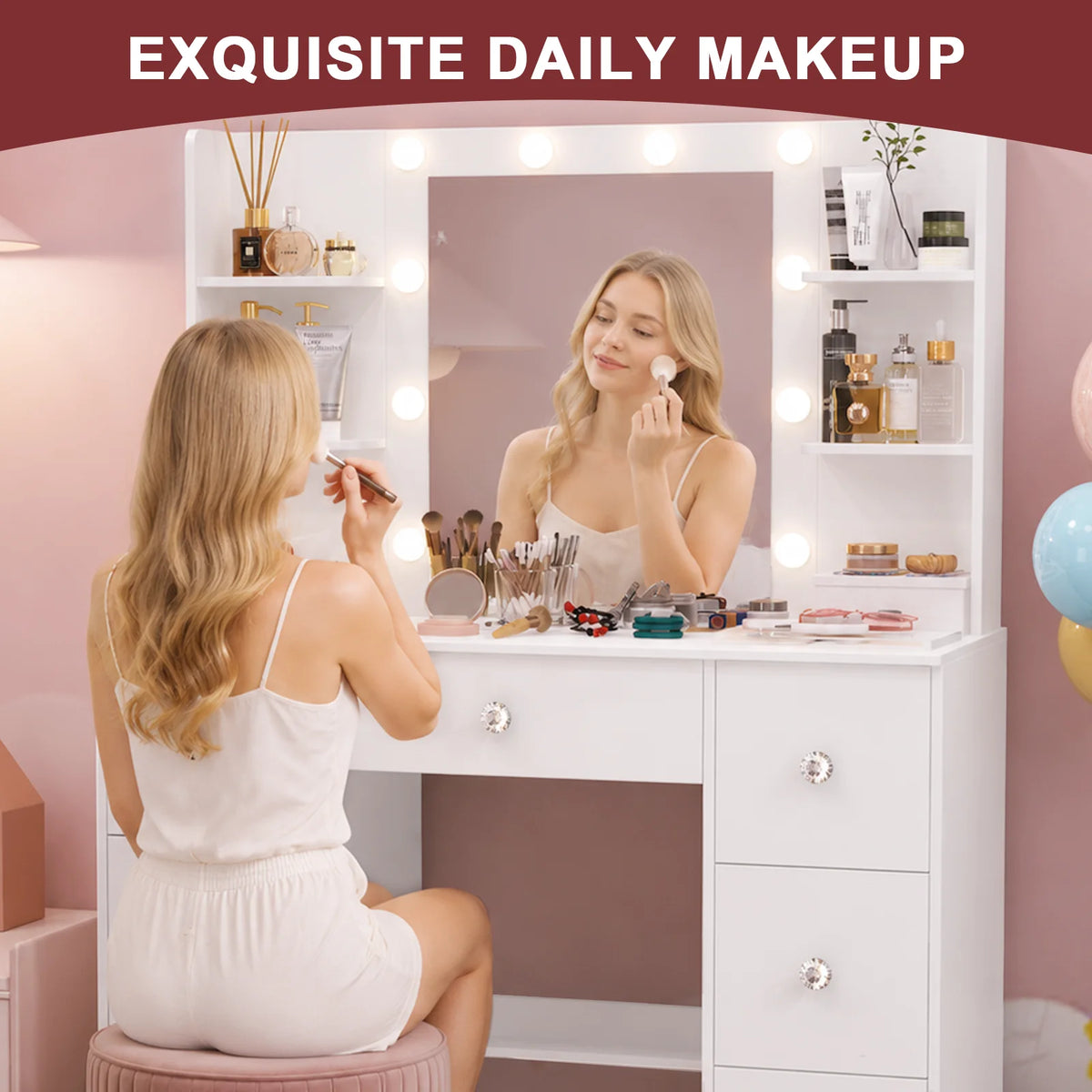 Onesaimei Adjustable Led Mirror Seven Drawer Vanity Desk Set
