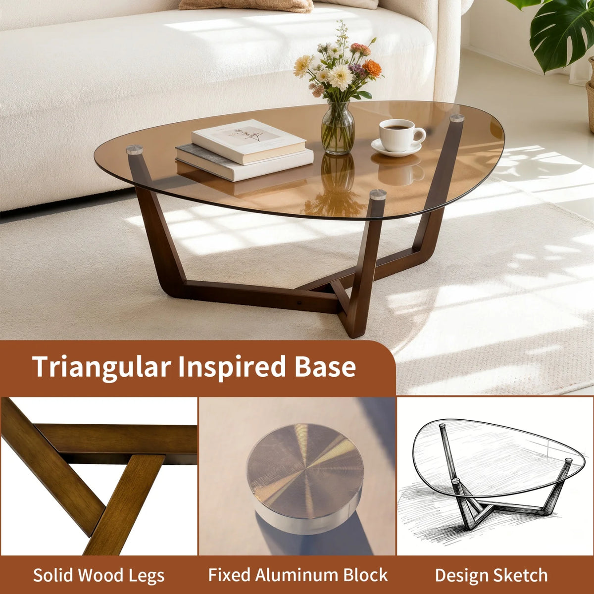 Triangular Tempered Glass Coffee Table With Sculptural Wood Base