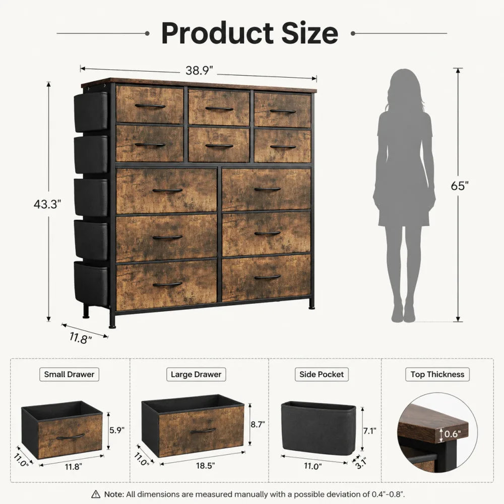 12 Drawer Fabric Dresser Wooden Top Steel Frame Storage Organizer