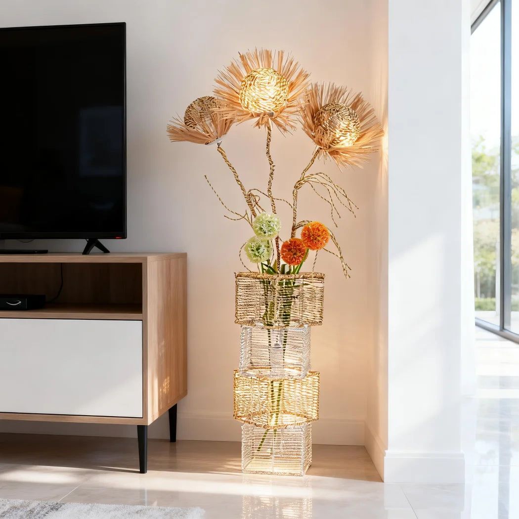 Modern Rattan Floor Lamp Dimmable LED Night Light Living Room
