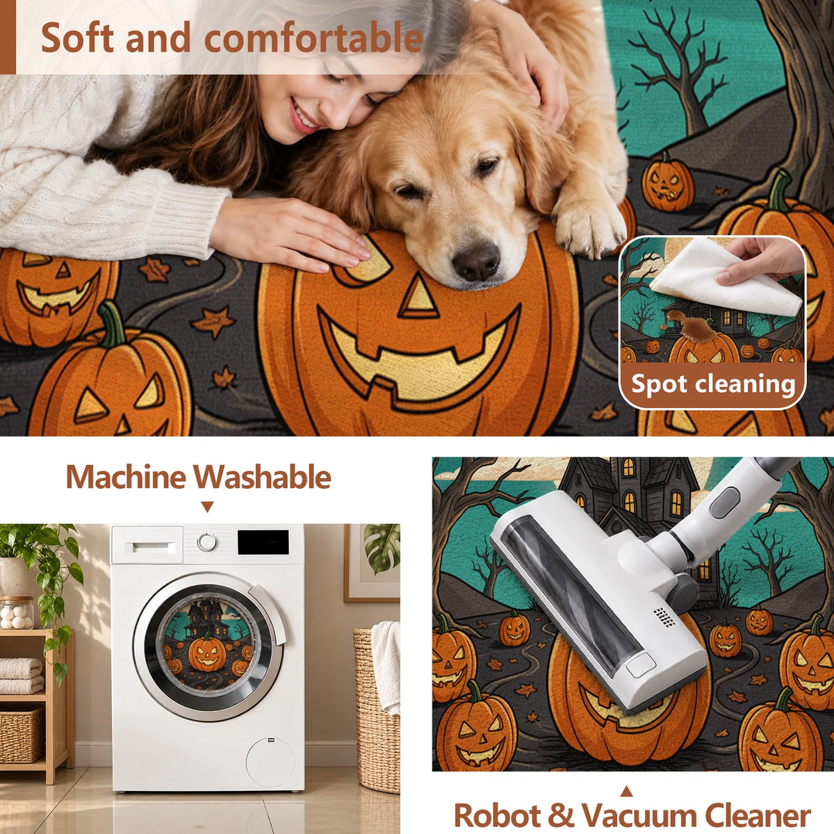 Halloween Haunted House Pumpkin Bat Washable Velvet Area Rug