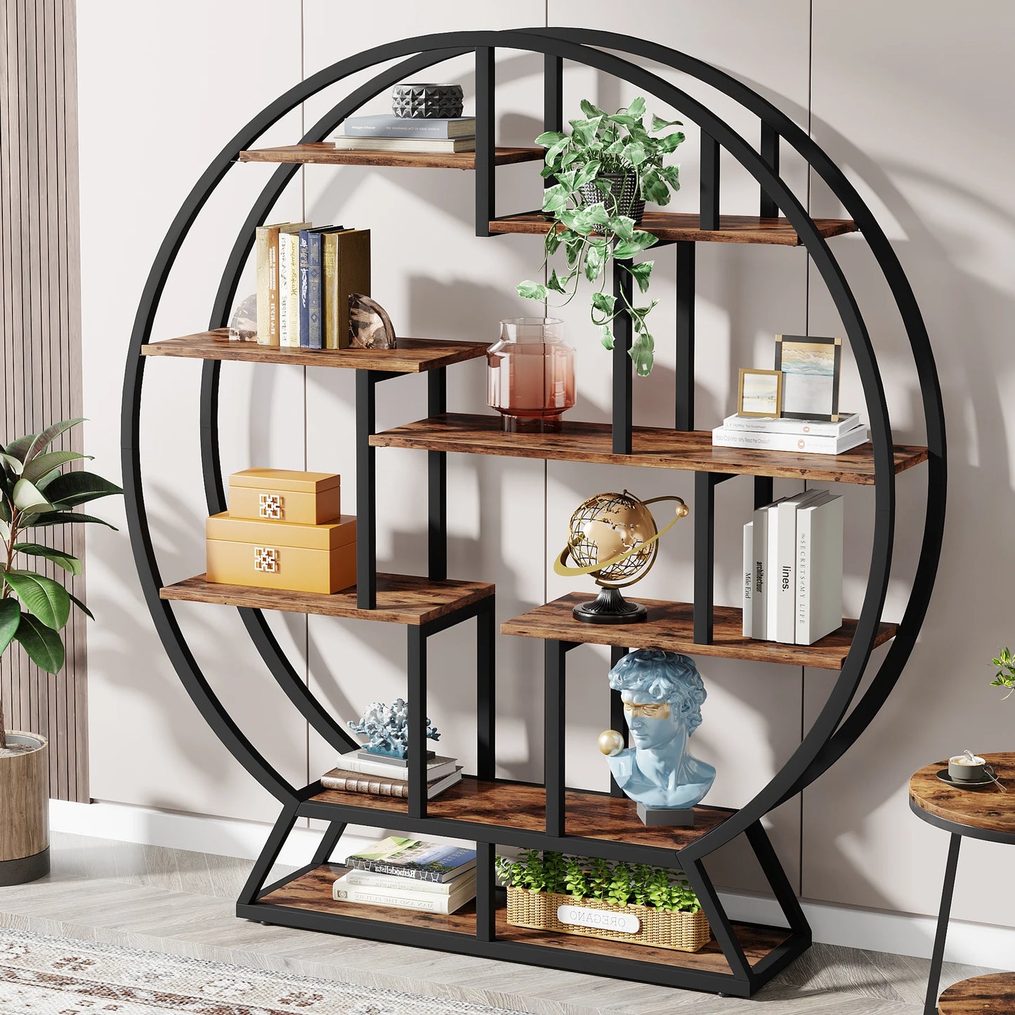 Tribesigns Round Industrial Wood Etagere Bookshelf Five Tier