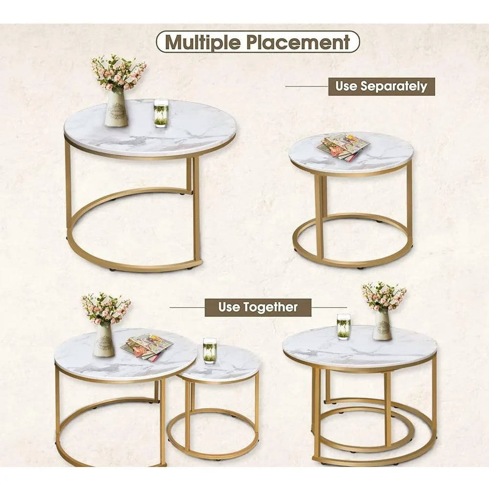 Xiuwo Nesting Coffee Tables Set White Marble Pattern Golden Frame