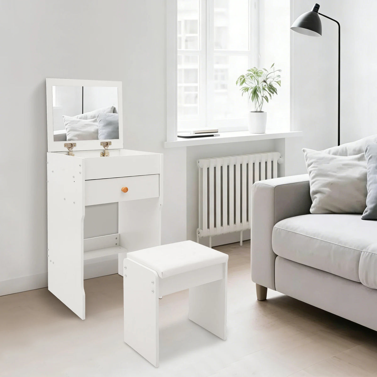 Bymaocar Compact Vanity Dressing Table With Mirror And Stool