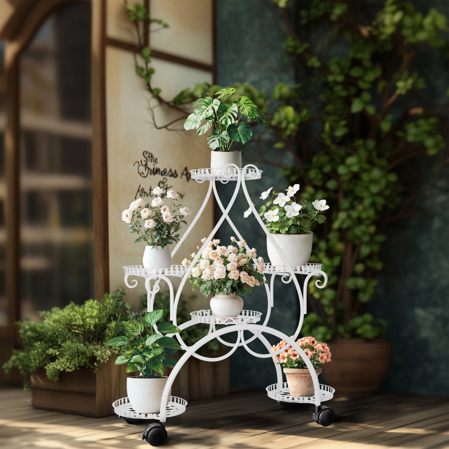 Wisfor 6-Tier Metal Flower Pot Display Stand With Rolling Wheels