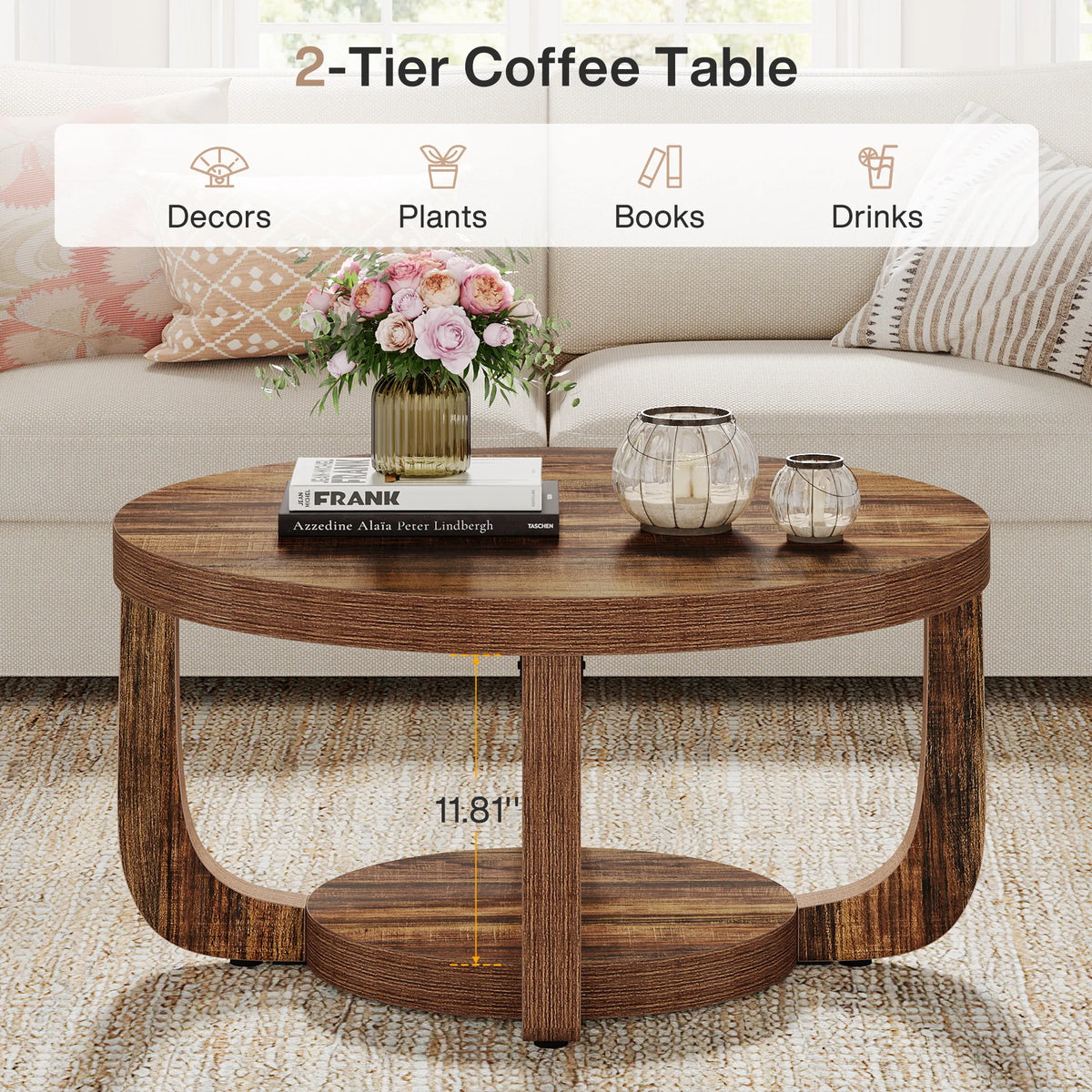 Tribesigns Round Two Tier Coffee Table With Wooden Storage