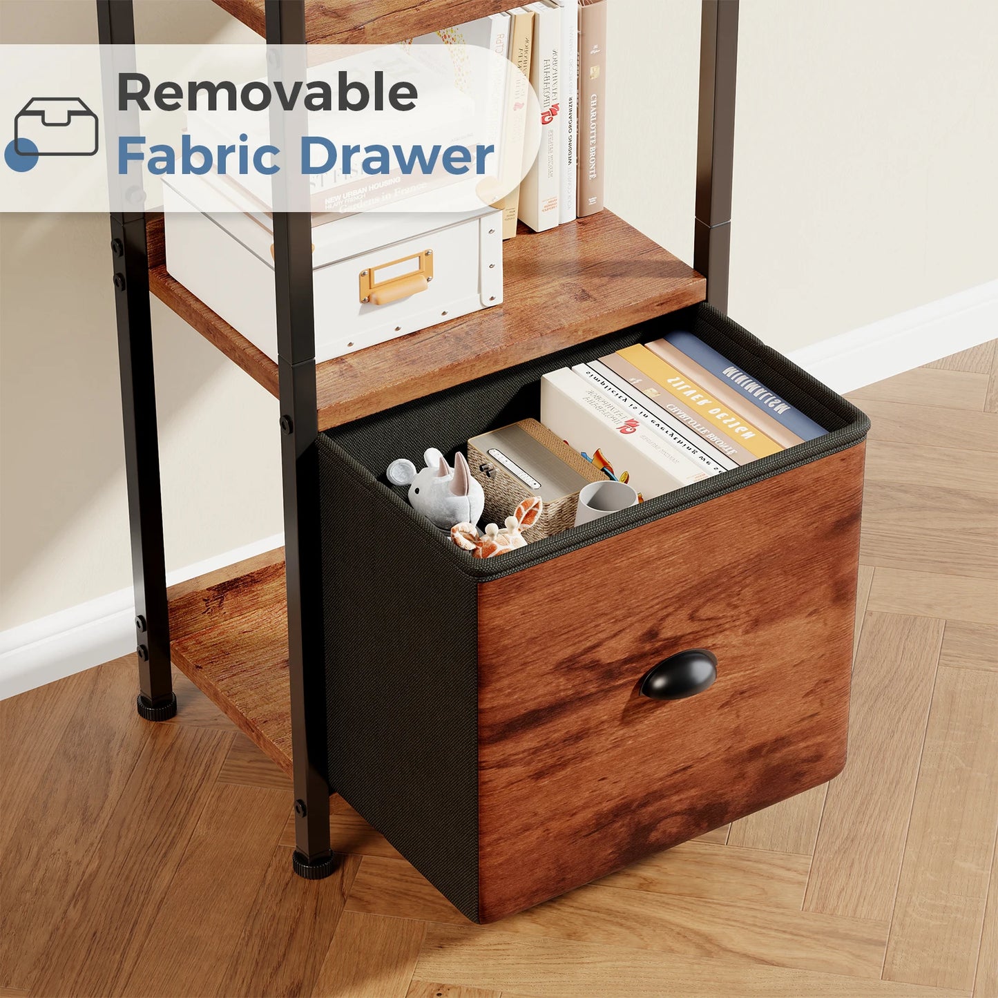 JHK Wood 5 Tier Bookshelf With Fabric Drawer Storage Organizer