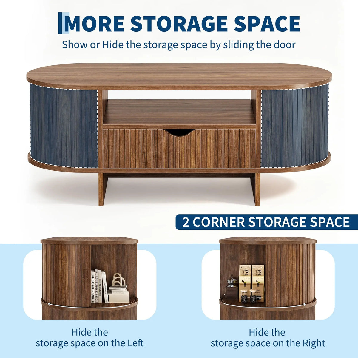 HiMISS Modern Fluted Oval Coffee Table With Storage Drawer And Cabinet