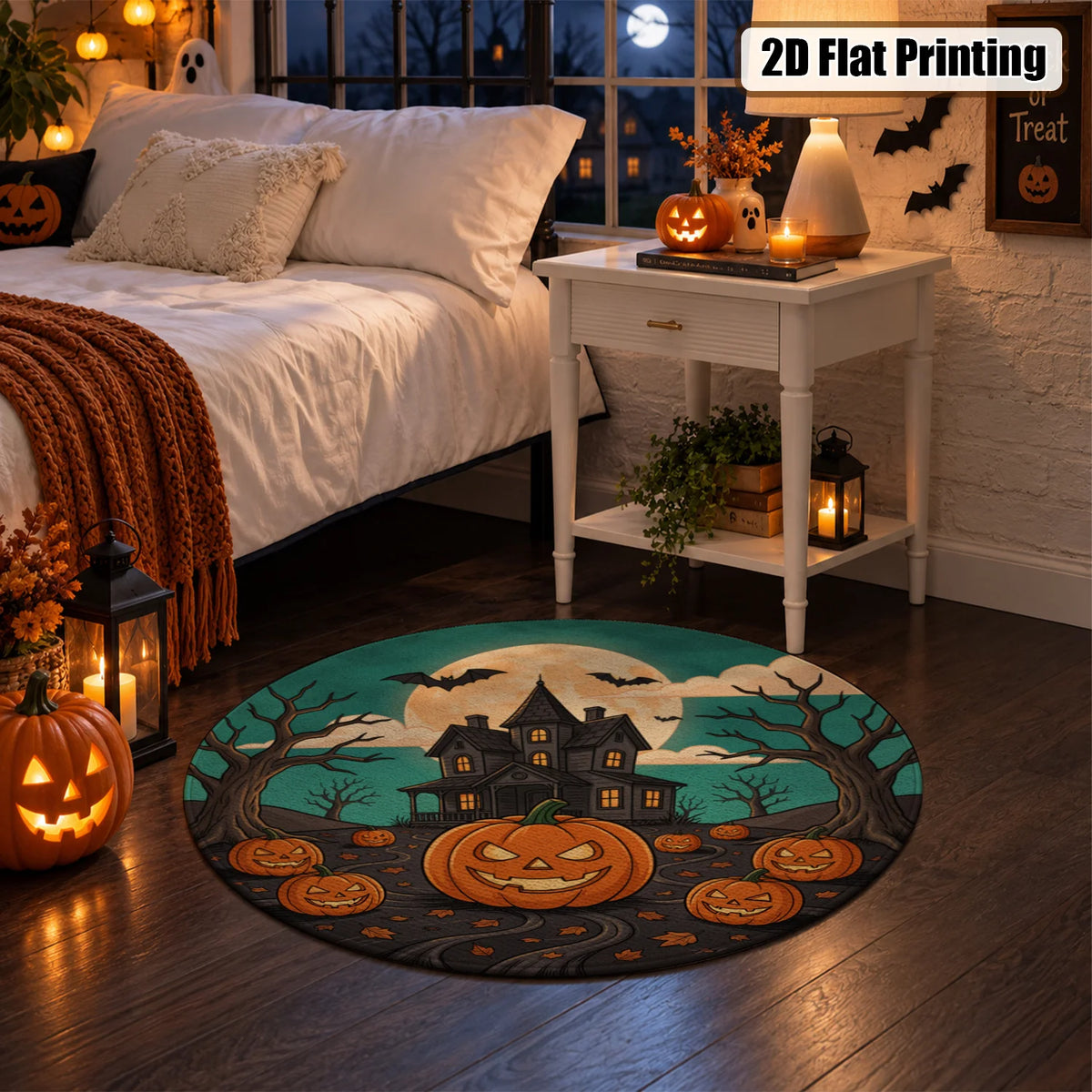 Halloween Haunted House Pumpkin Bat Washable Velvet Area Rug