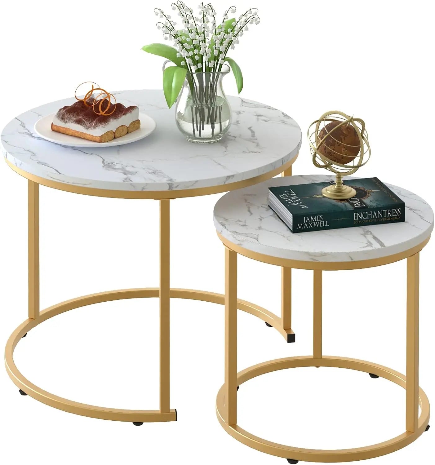 Xiuwo Nesting Coffee Tables Set White Marble Pattern Golden Frame