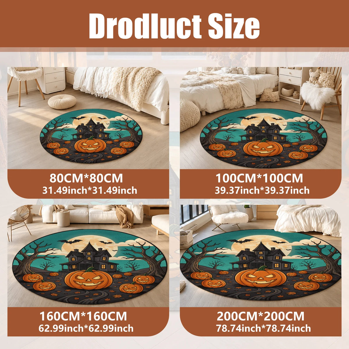 Halloween Haunted House Pumpkin Bat Washable Velvet Area Rug