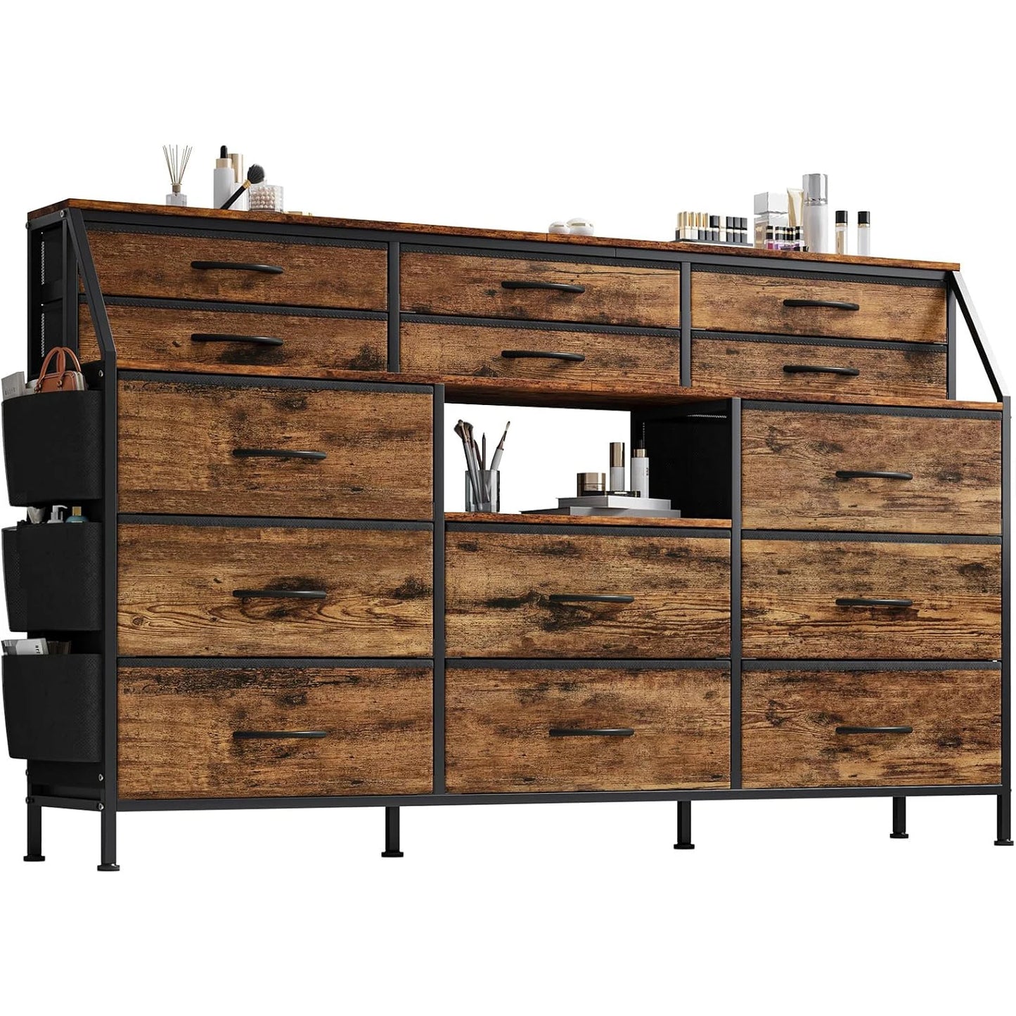 TWISTER.CK 14 Drawer Dresser With Fabric Chest And Wood Top