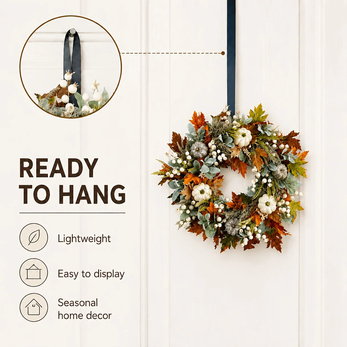 Artificial Peony And Pumpkin Wreath With Leaves And Berries