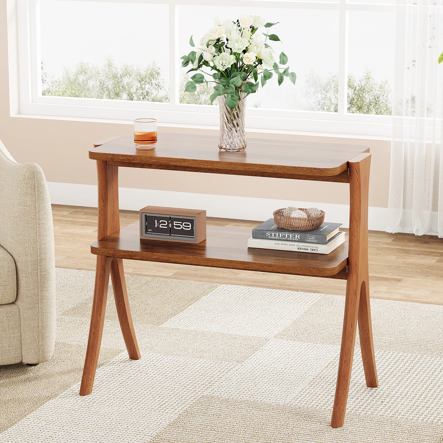 Tribesigns Walnut Side Table With 2-Tier Storage Shelf