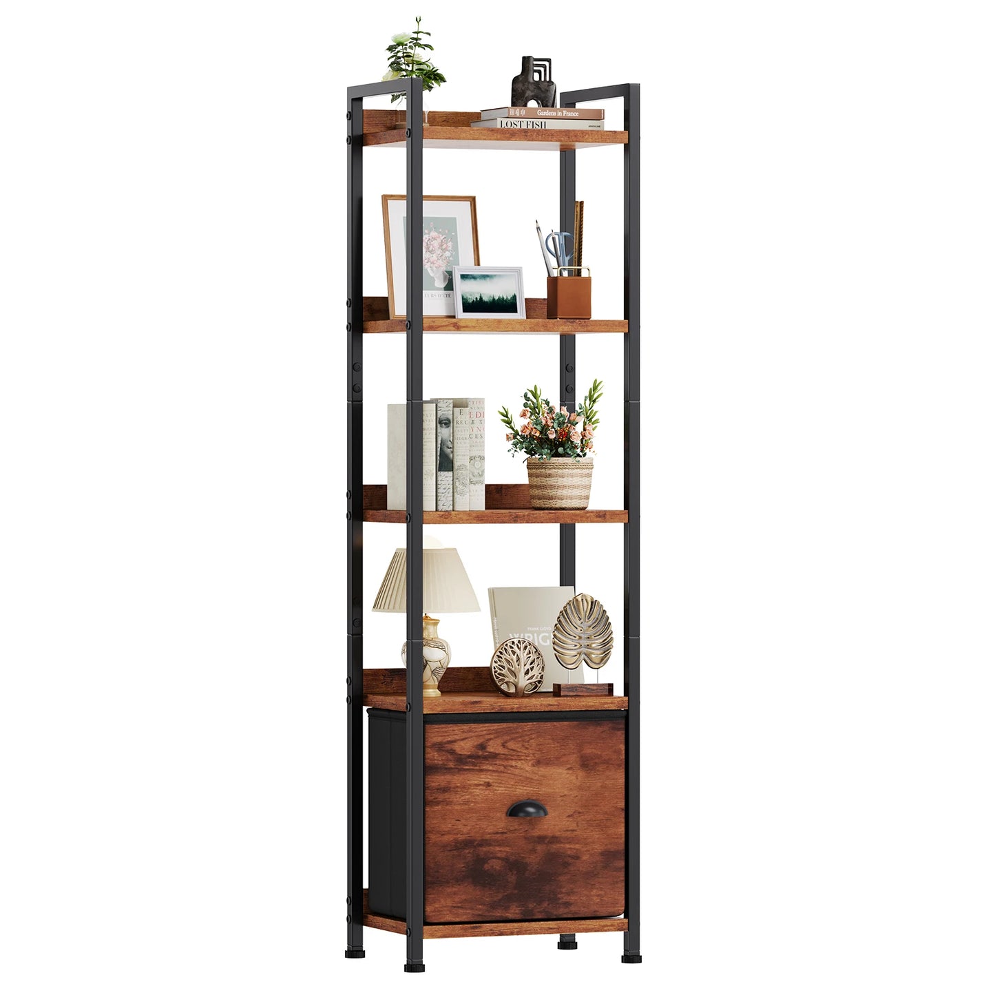 JHK Wood 5 Tier Bookshelf With Fabric Drawer Storage Organizer