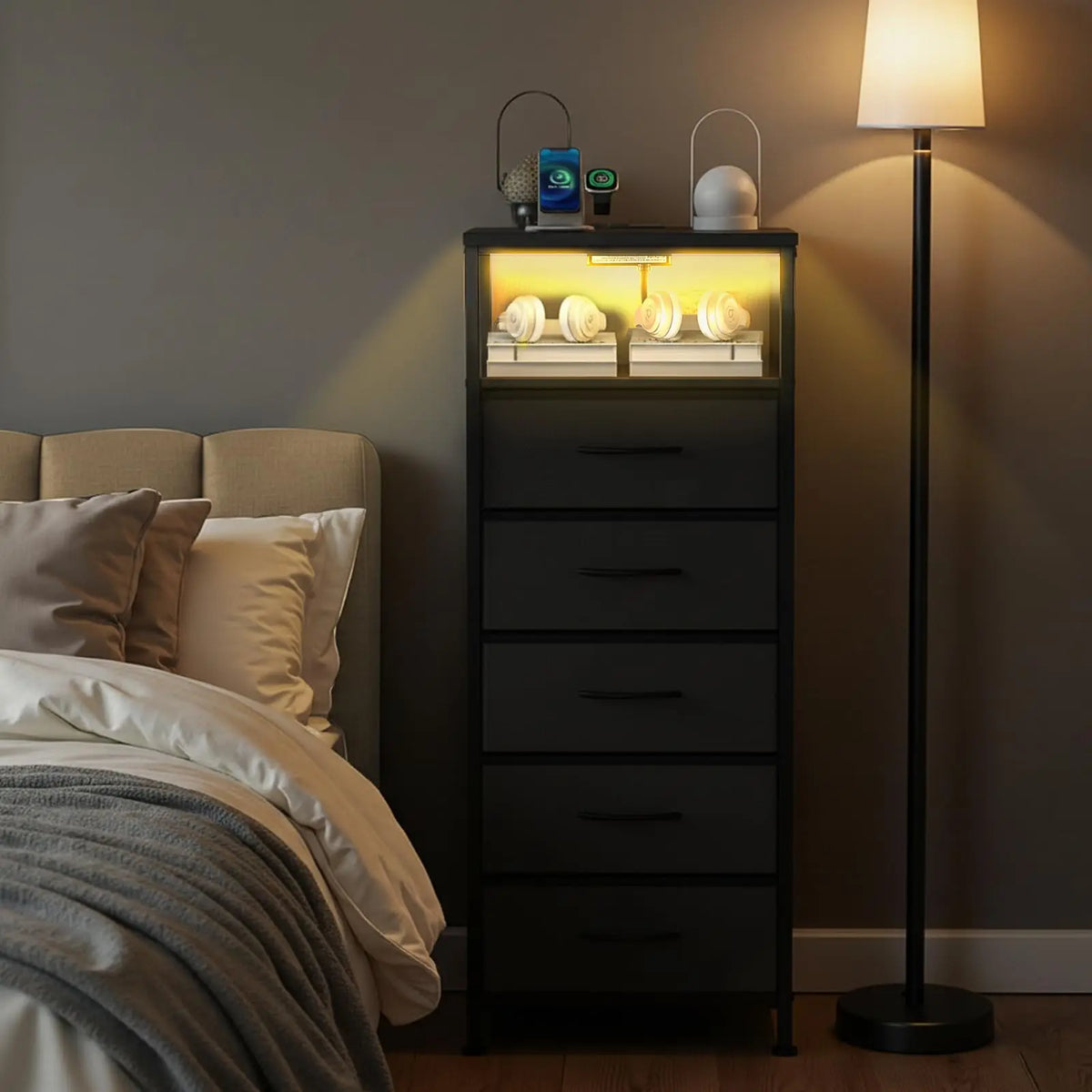 JHK Five Drawer Dresser Nightstand With Integrated Charging Port