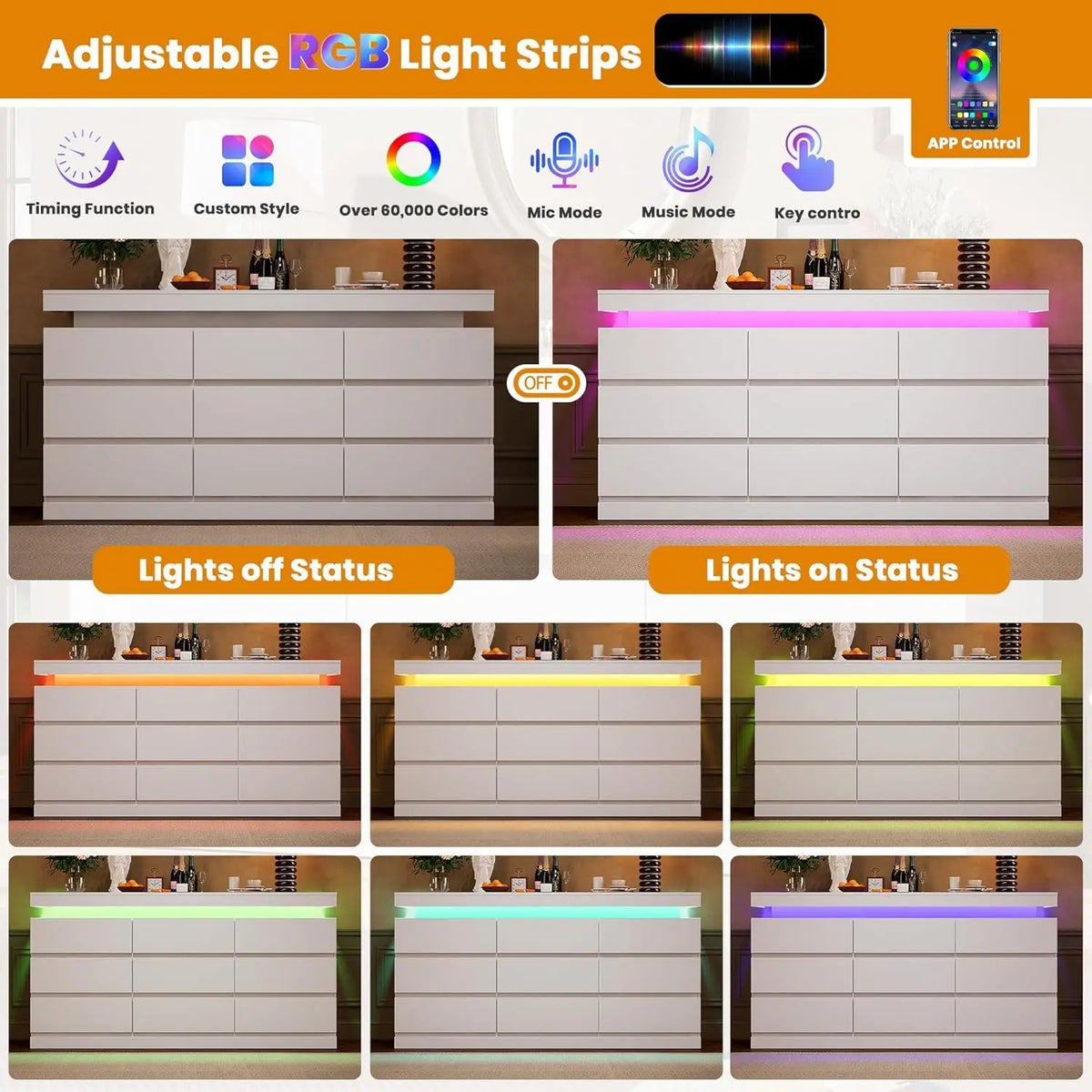 Acekool 9 Drawer Wooden Dresser With Led Lights And Charging Station
