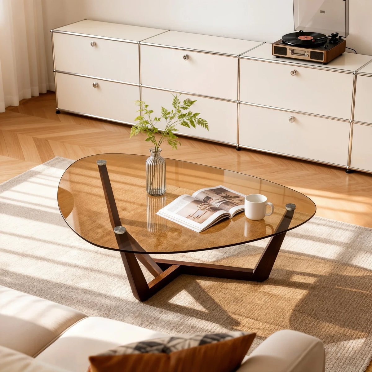 Triangular Tempered Glass Coffee Table With Sculptural Wood Base