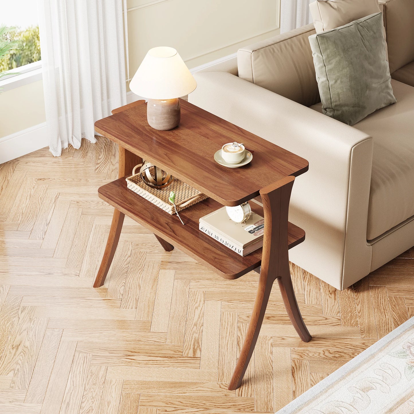 Tribesigns Walnut Side Table With 2-Tier Storage Shelf
