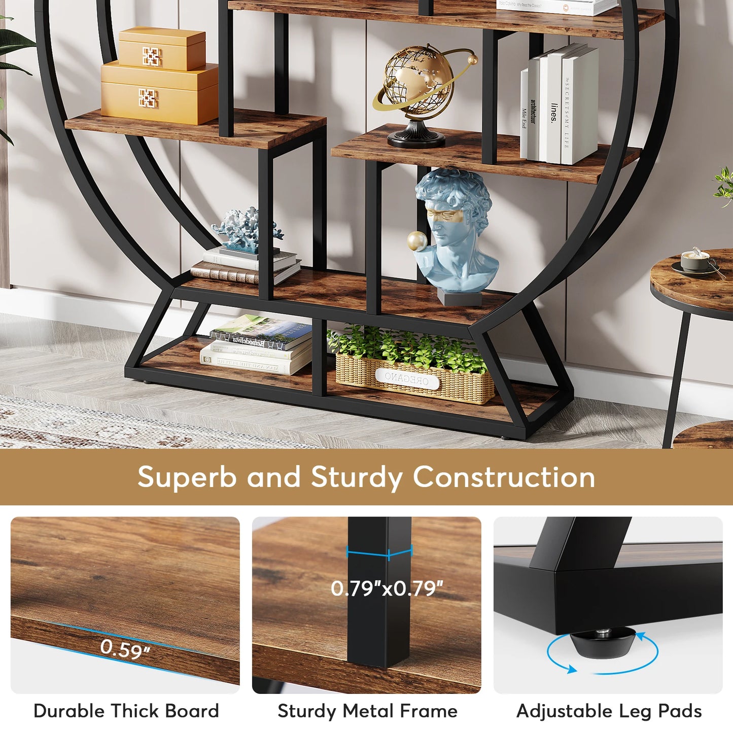 Tribesigns Round Industrial Wood Etagere Bookshelf Five Tier