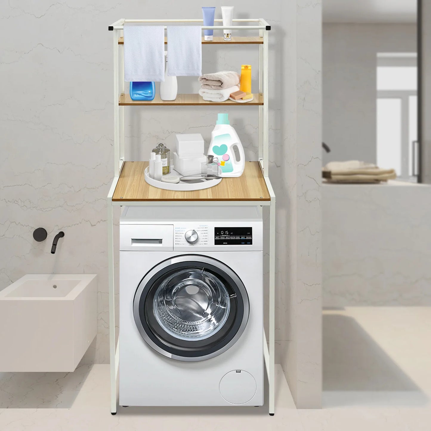Three Tier Washer Dryer Storage Shelf With Rod Bathroom Organizer