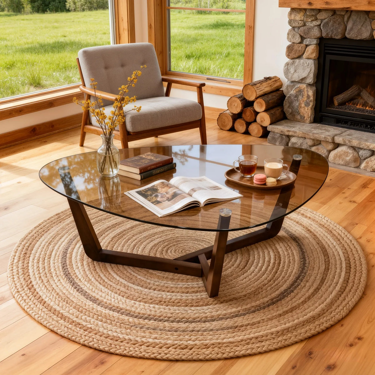 Triangular Tempered Glass Coffee Table With Sculptural Wood Base