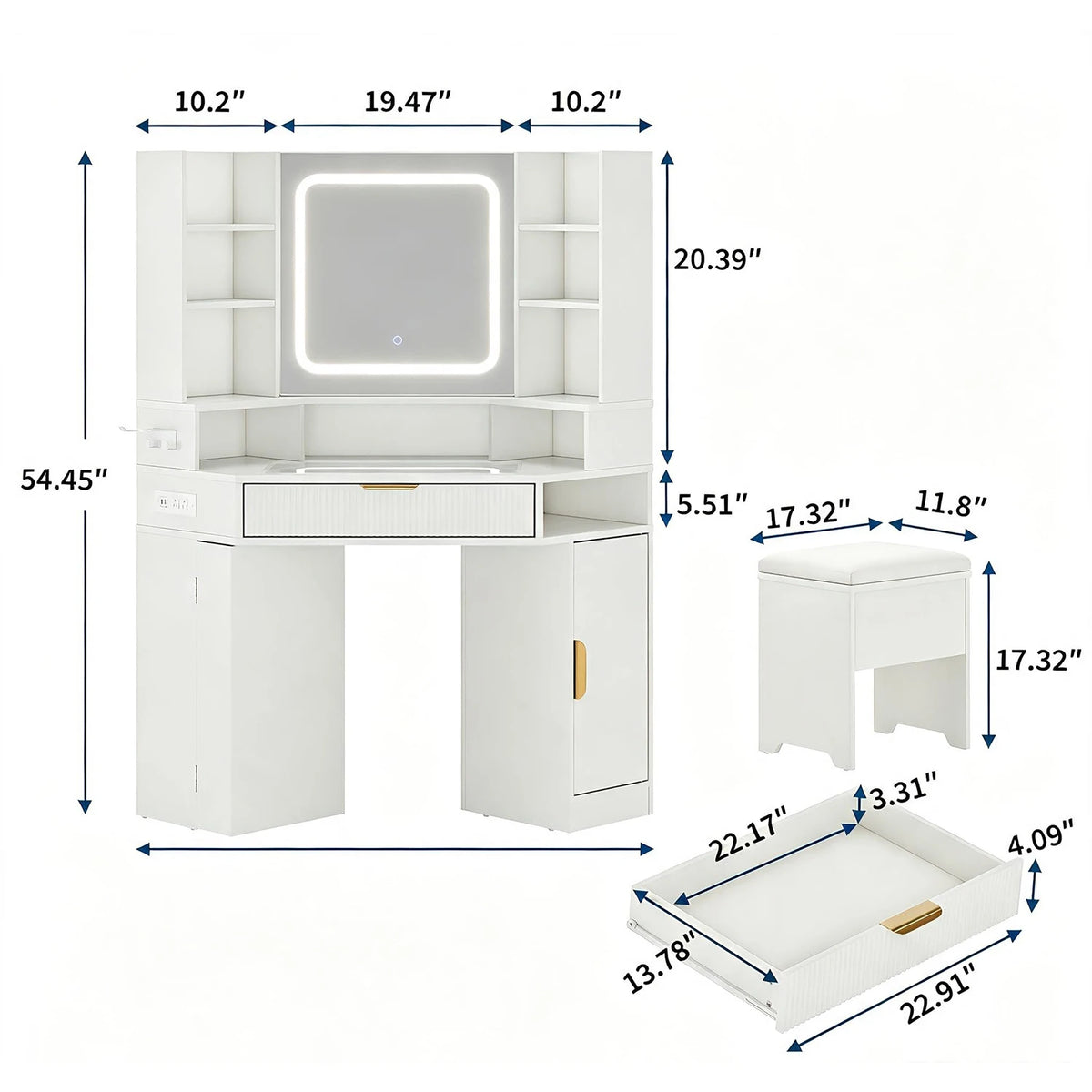 HiMISS Corner Vanity Desk With LED Mirror And Charging Station