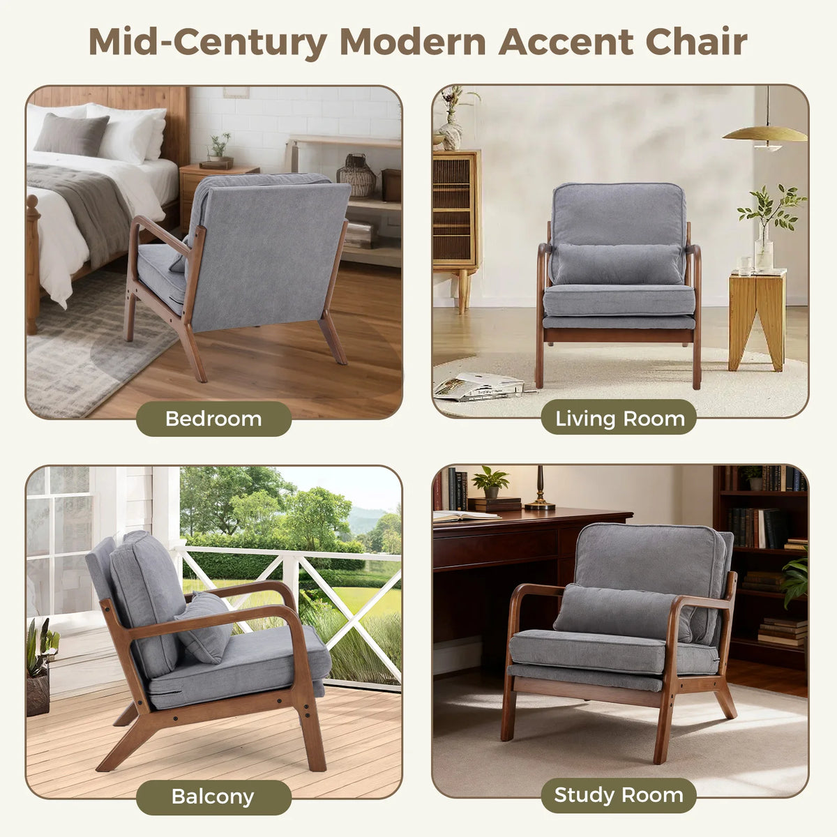 JHK Mid Century Modern Solid Wood Accent Chair With Cushion