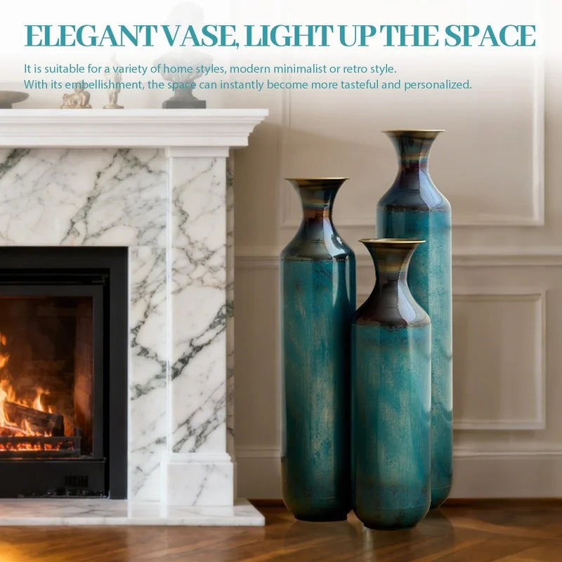 Torch-Fired Metal Floor Vases Set Rustic Home Decor