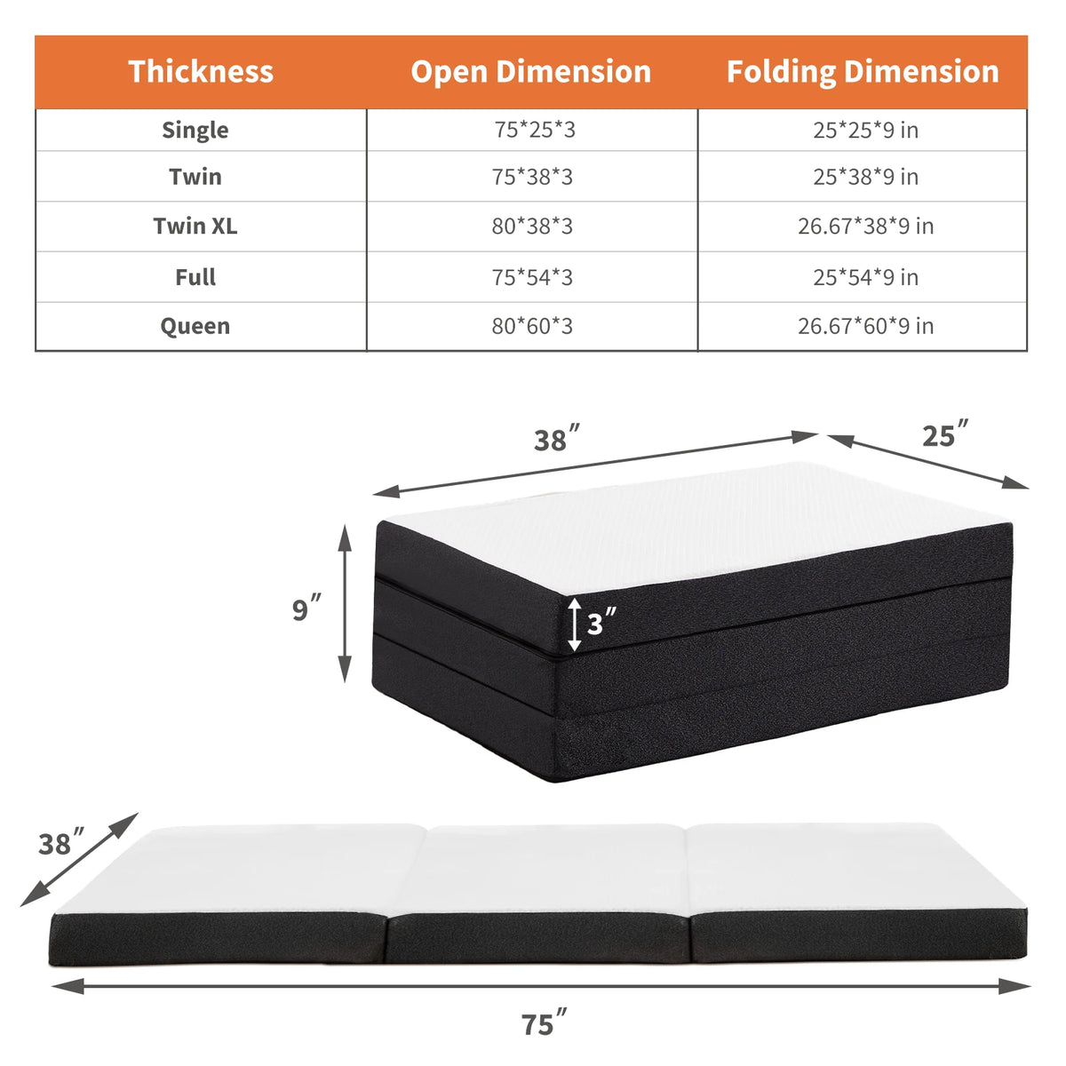 JHK Trifold Memory Foam Mattress With Washable Cover