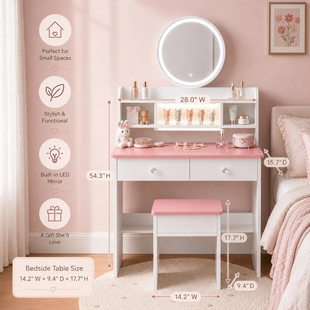 Wooden LED Vanity Desk Set With Mirror And Storage Stool