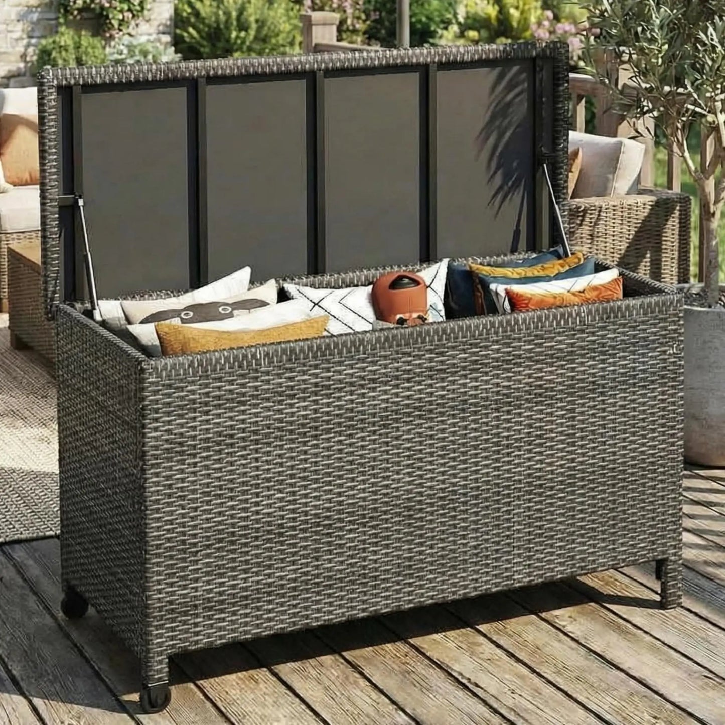 HiMISS Outdoor Deck Box Waterproof Wicker Storage Chest With Wheels