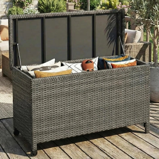 HiMISS Outdoor Deck Box Waterproof Wicker Storage Chest With Wheels