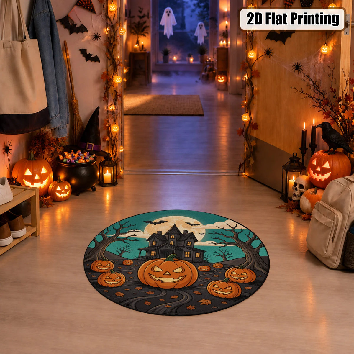 Halloween Haunted House Pumpkin Bat Washable Velvet Area Rug