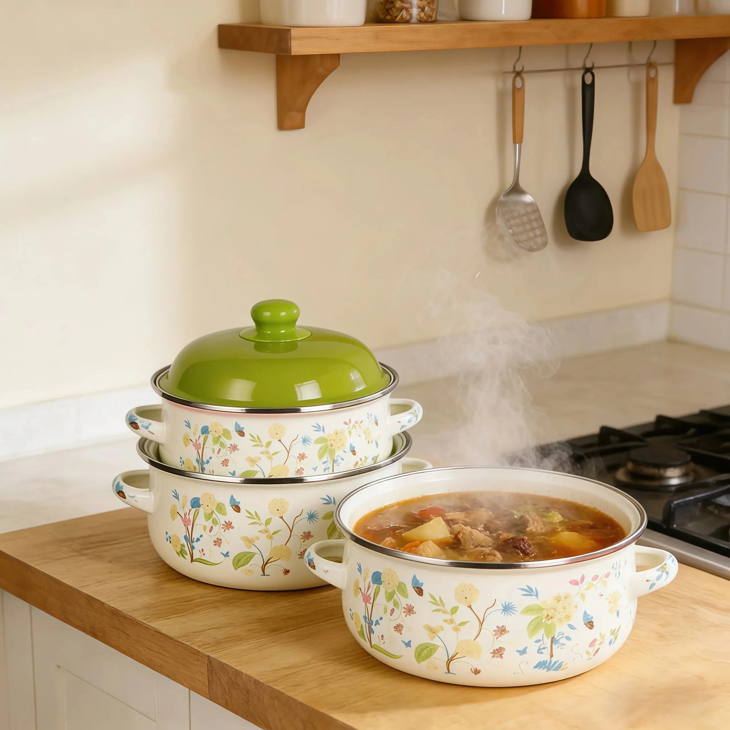 3-Piece Vintage Enamel Stock Pot Set With Lids For Induction And Gas Stoves