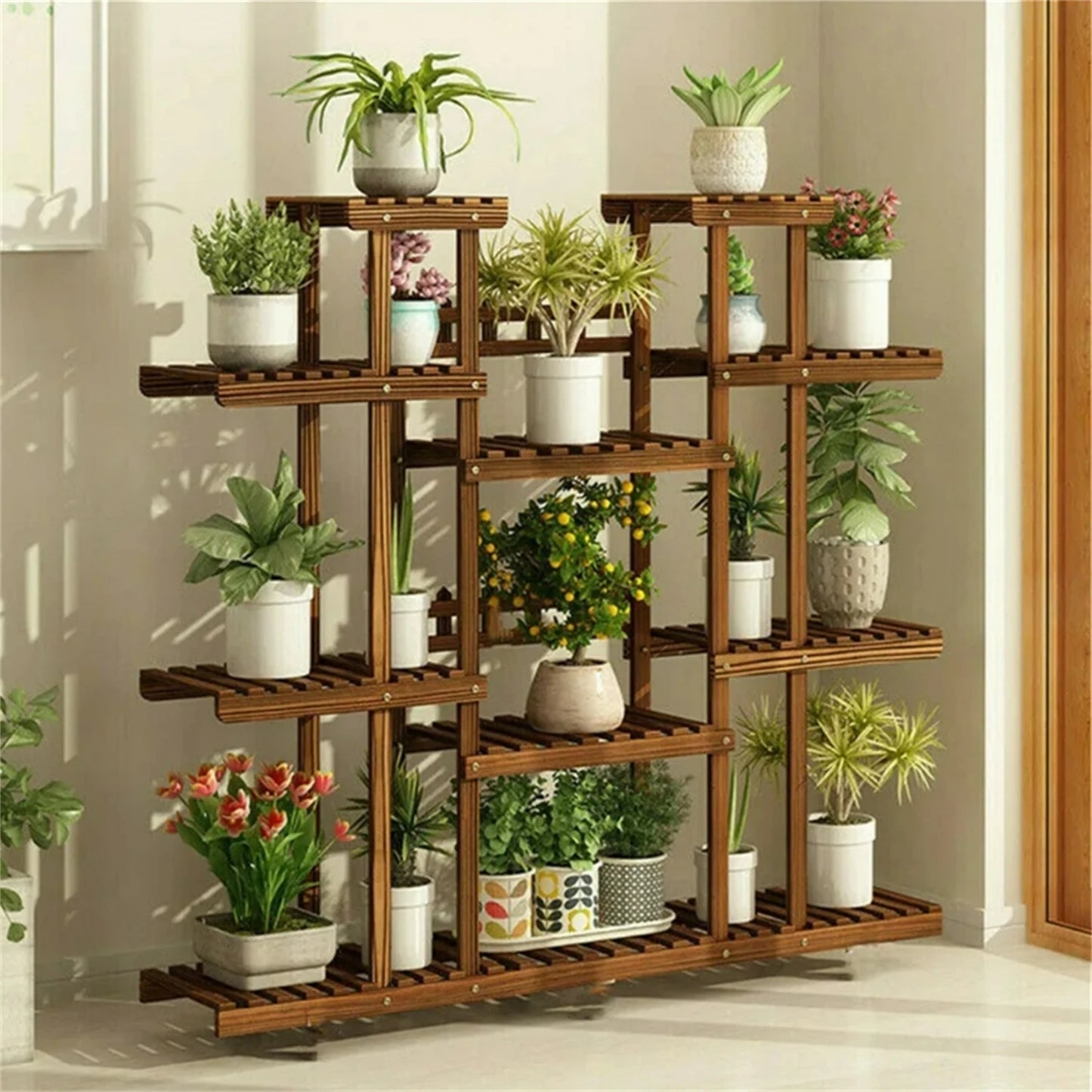 11-Tier Carbonized Wood Plant Stand For Indoor Outdoor Use