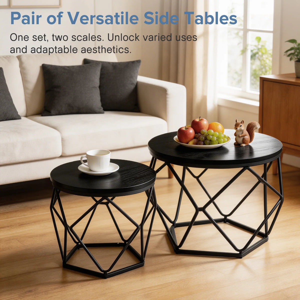 JHK Round Geometric Metal Coffee Table Set With Nesting Tables