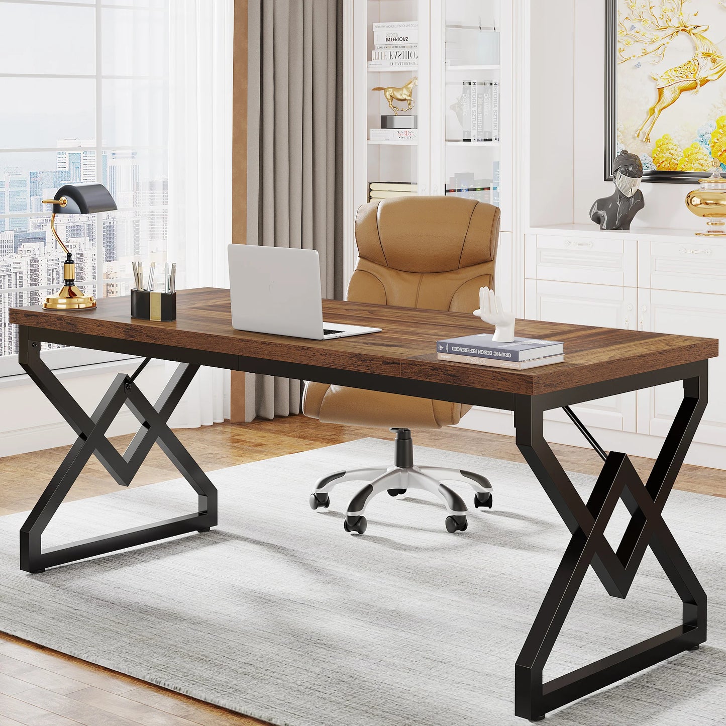 Tribesigns Industrial Executive Desk With Thick Tabletop And Metal Frame