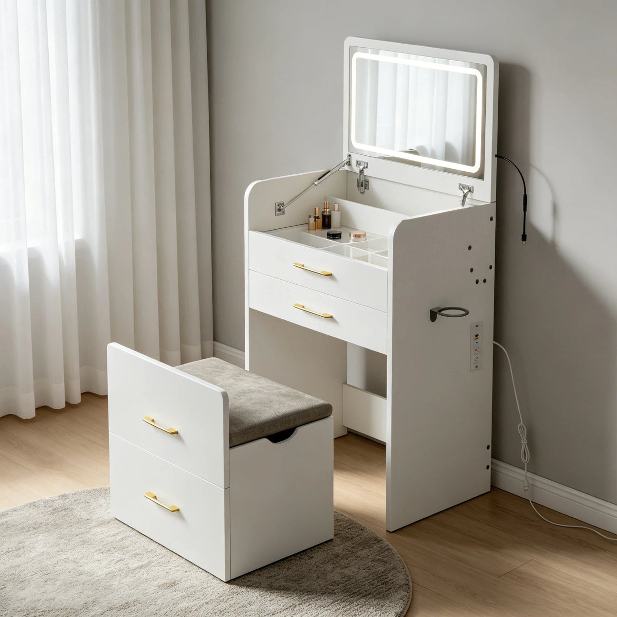 Wooden Vanity Desk LED Mirror Charging Station Flip Up Dressing Table