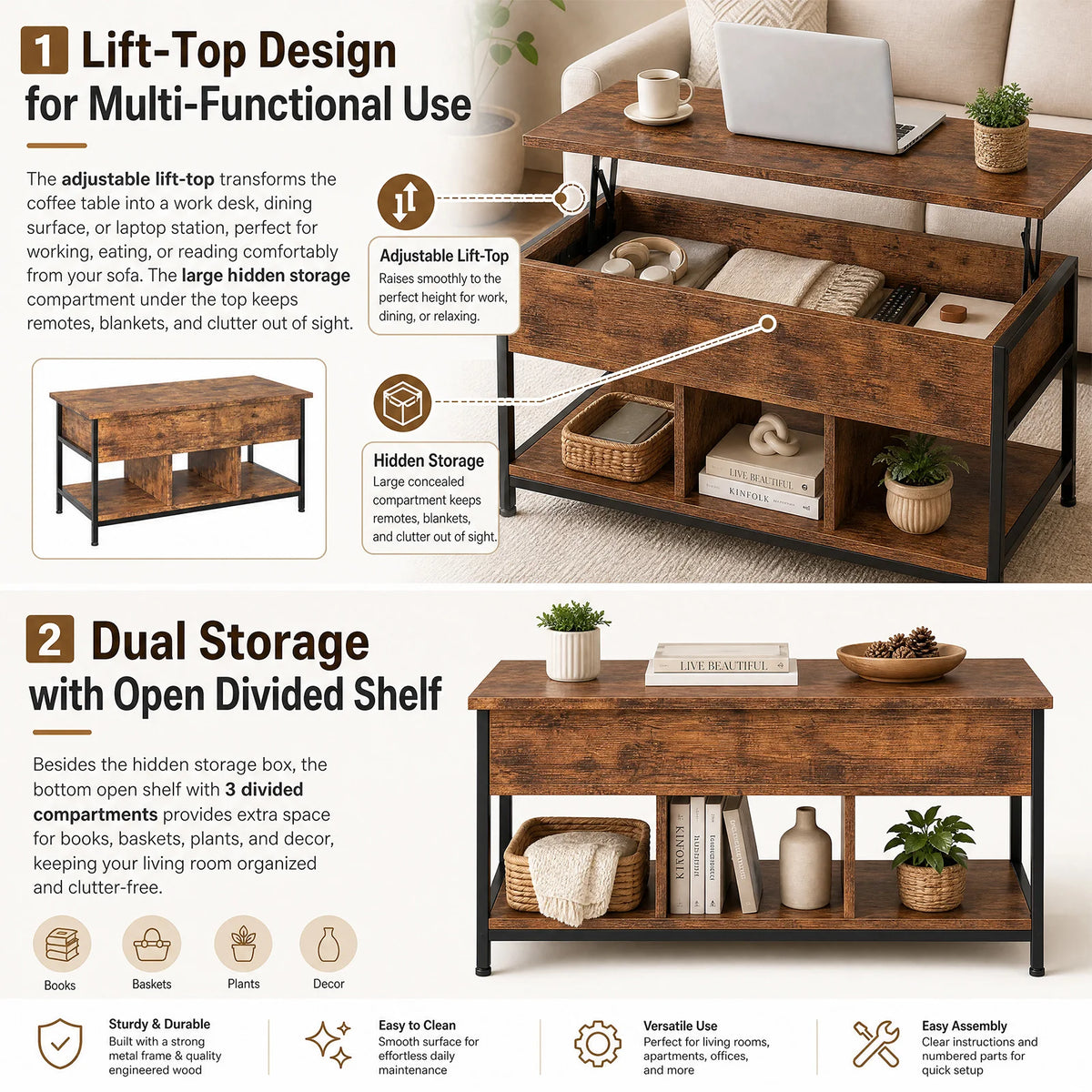 Antique Wood Lift Top Coffee Table Featuring Hidden Storage Shelf