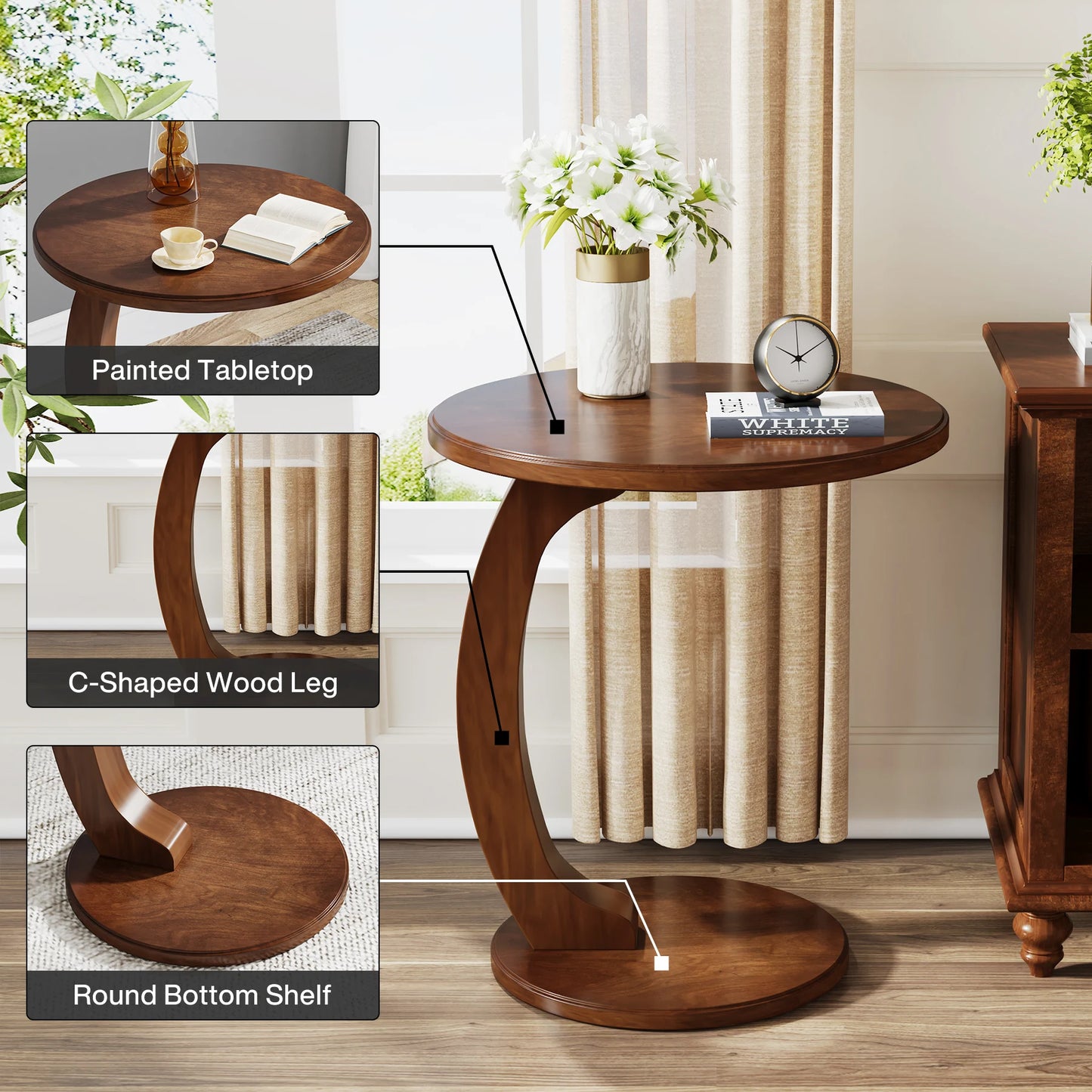 Tribesigns Round C Shaped Wood Side Table Mid Century Design