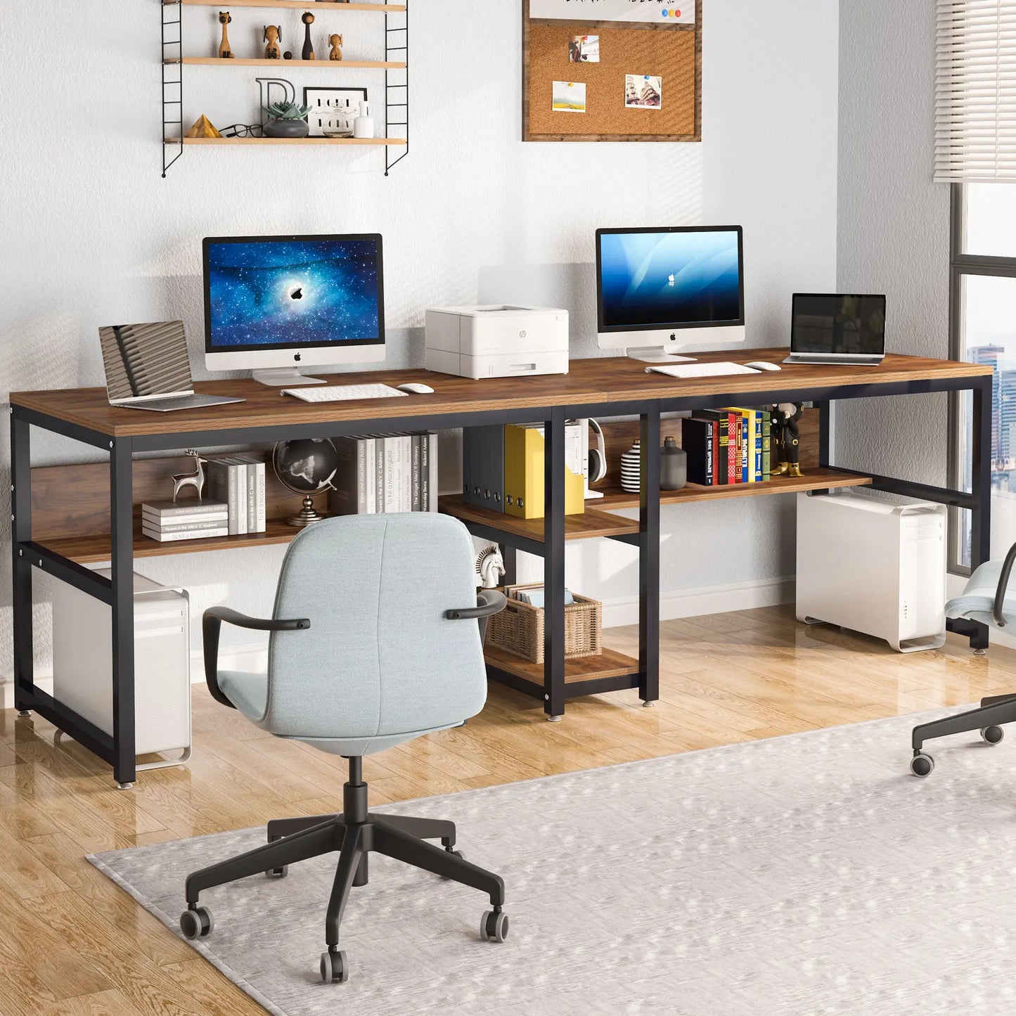 Tribesigns Two Person Desk With Bookshelf Rustic Office Computer Desk