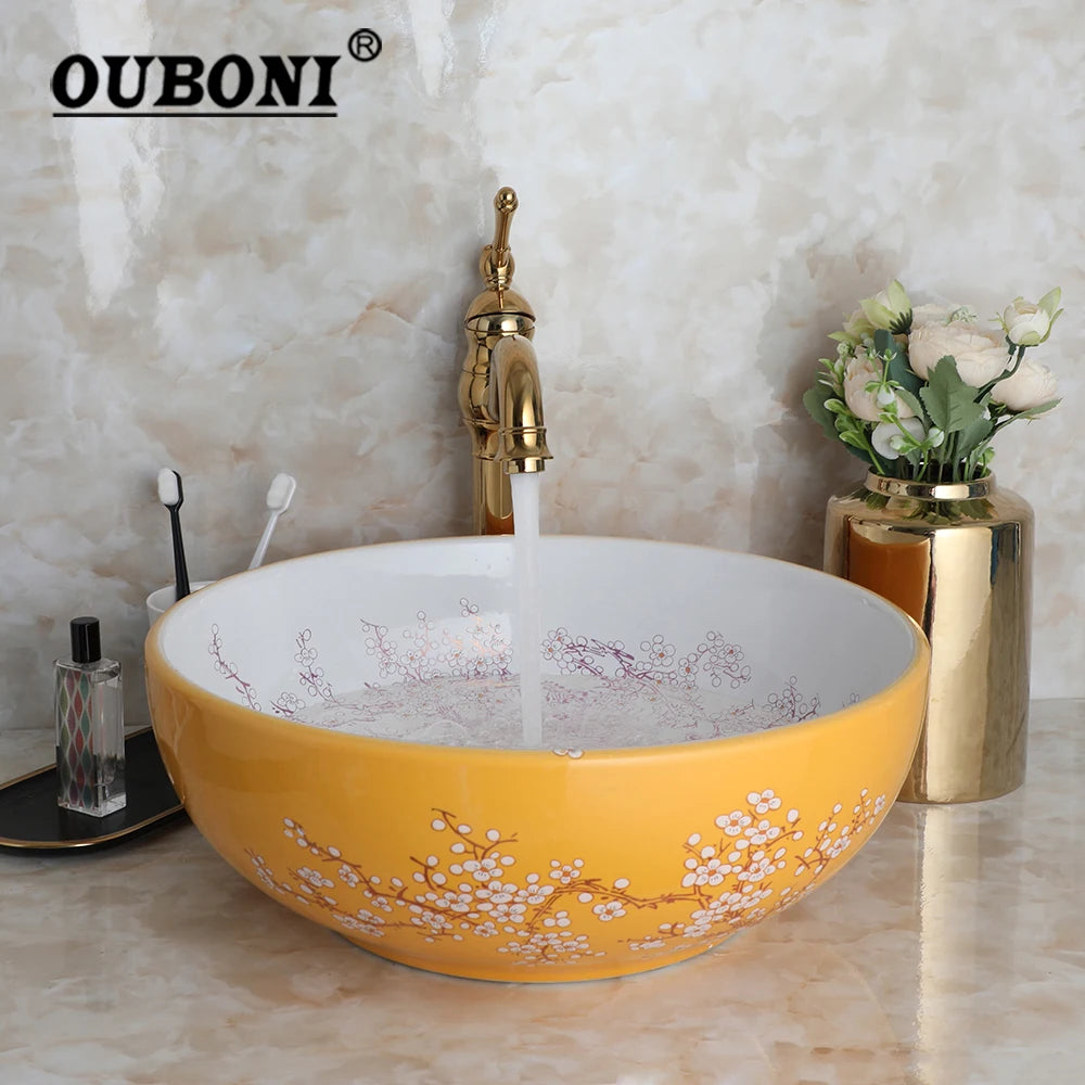 Yanksmart Ceramic Bowl Bathroom Basin Set With Antique Faucet