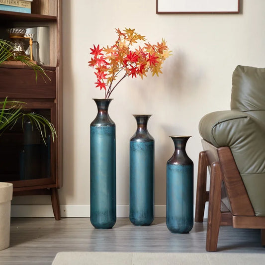Torch-Fired Metal Floor Vases Set Rustic Home Decor