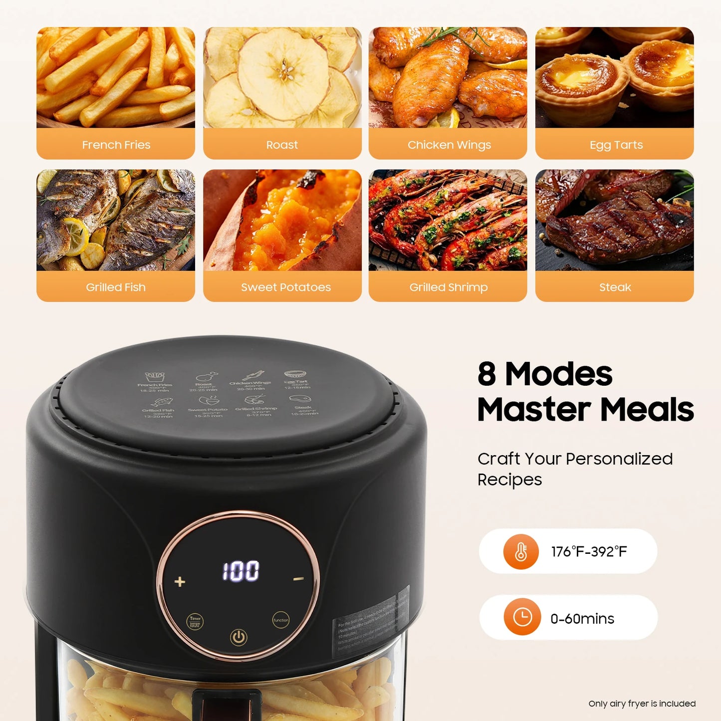 1200W 360 Degree View Air Fryer With Four Liter Stainless Steel Grill
